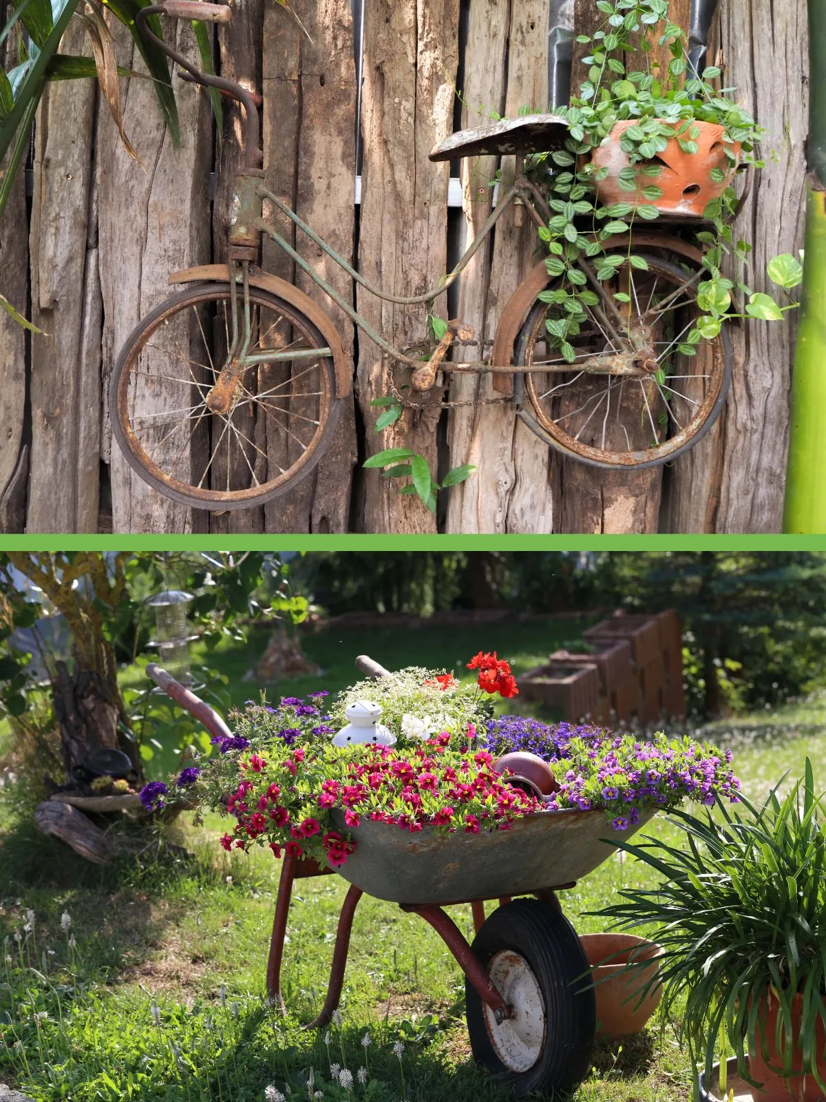 C'est deux images de déco de jardin à faire soi-même : une image de vélo pot de fleur et une de brouette pot de fleur.