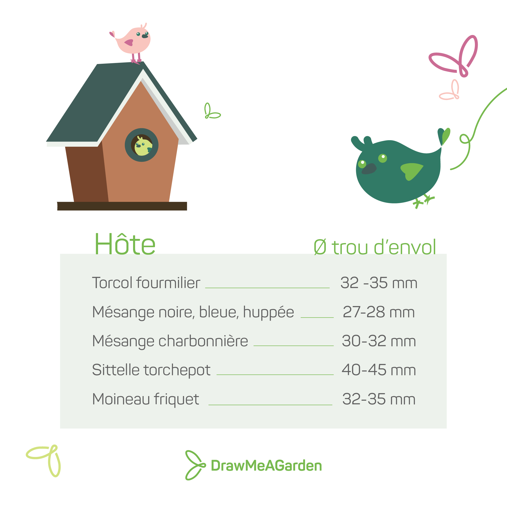 Ce sont les différentes tailles de trous pour nichoir à oiseaux en fonction des oiseaux