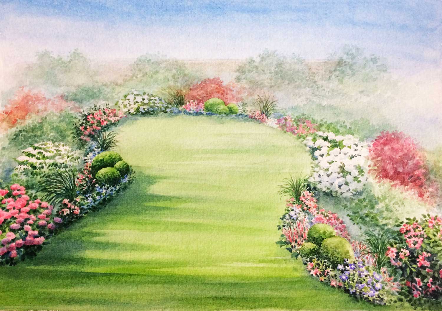 Watercolour of an English garden by Noelle Le Guillouzic