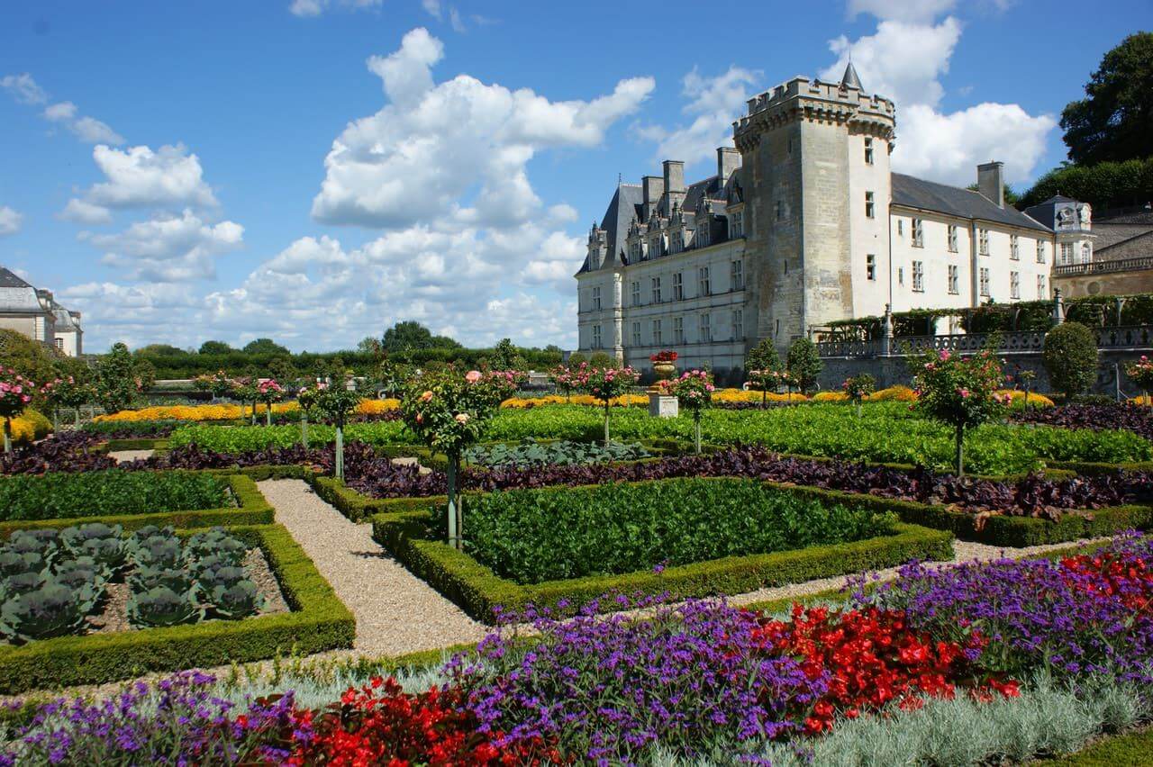 jardin coloré d'un château français avec petites bordures taillées