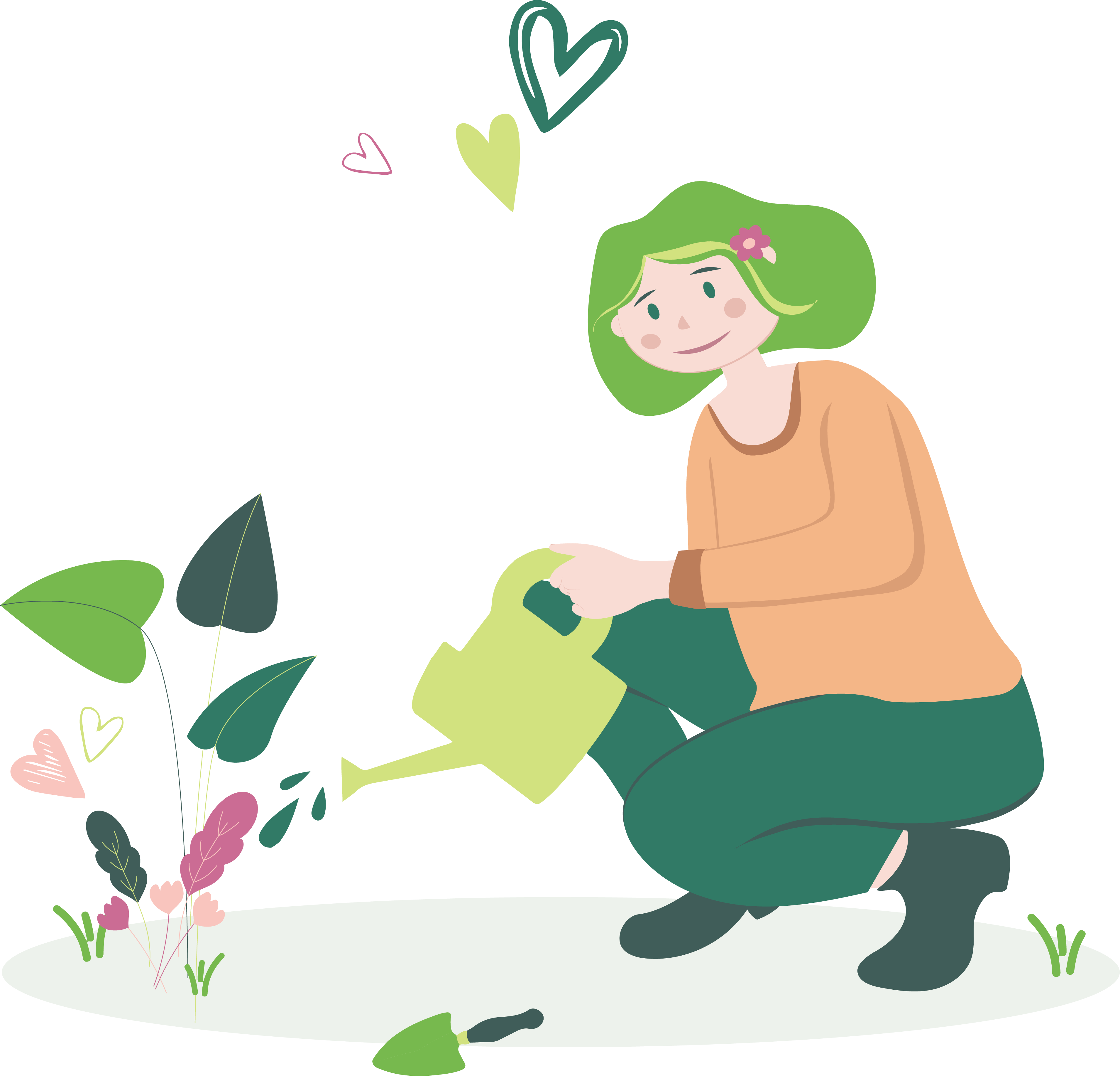 illustration femme en train d'arroser des fleurs avec des coeurs autour