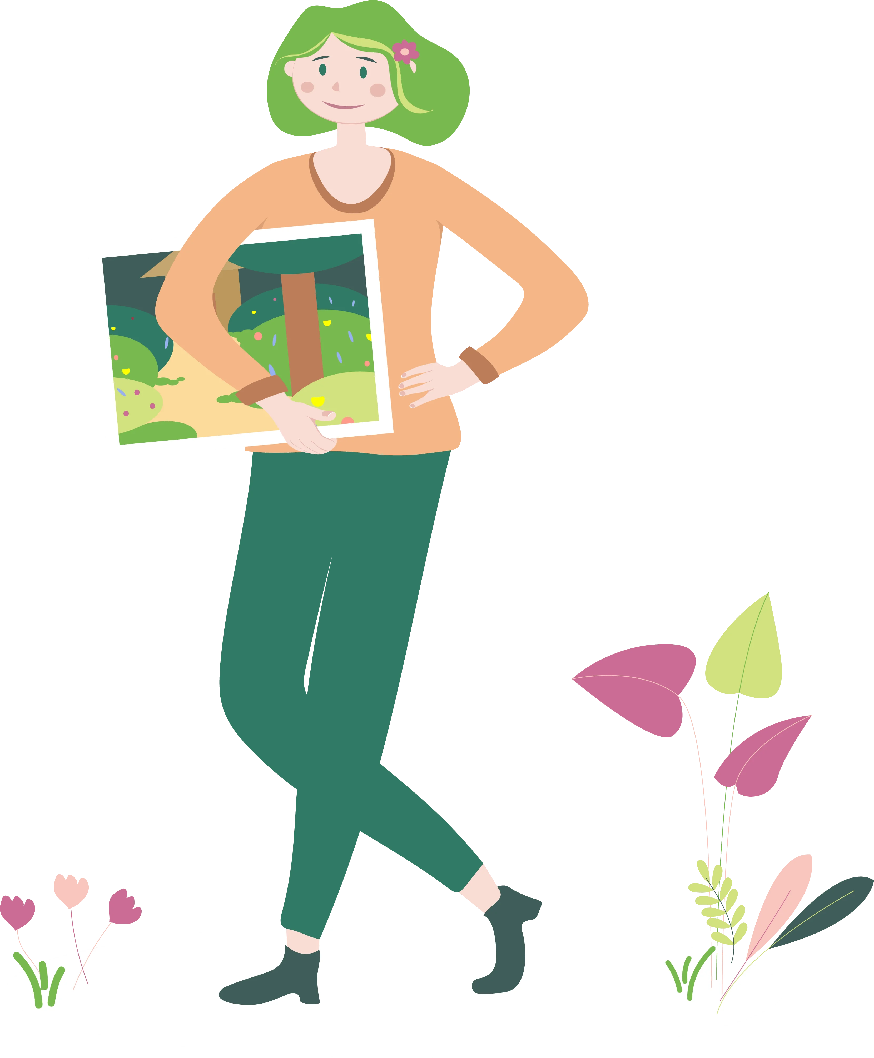 Illustration of a woman holding a garden painting