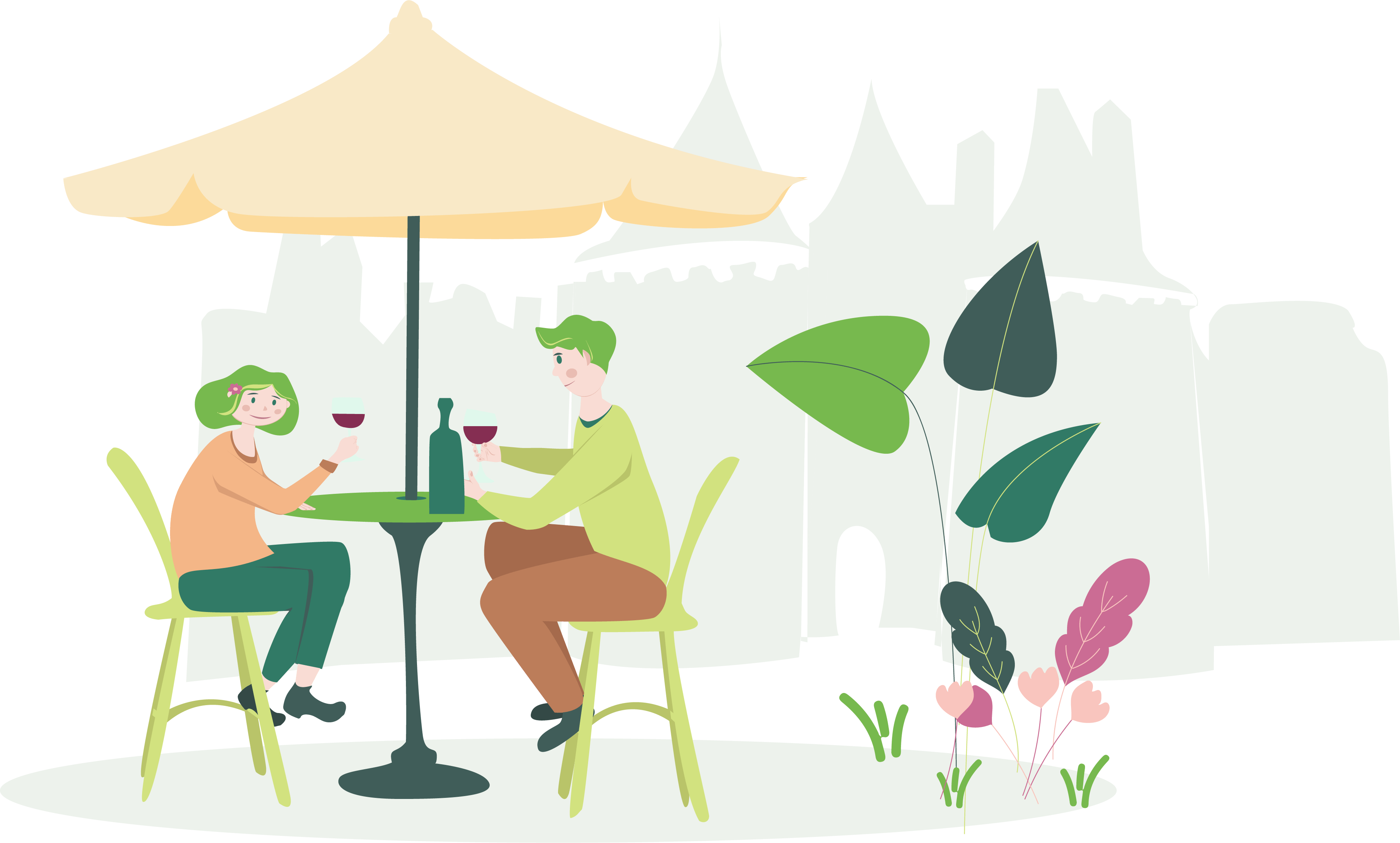 illustration of a couple sitting at a table, surrounded by flowers with a castle in the background